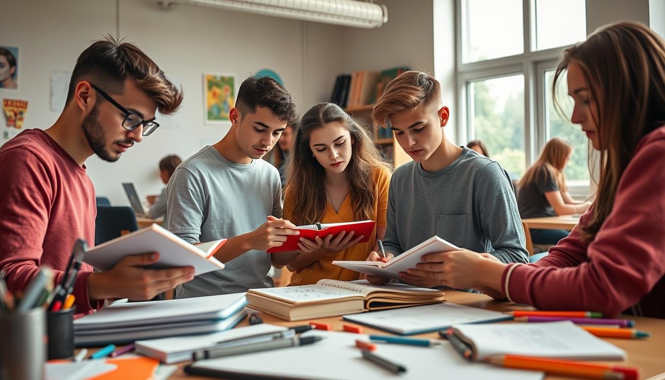 Students studying together in modern classroom
